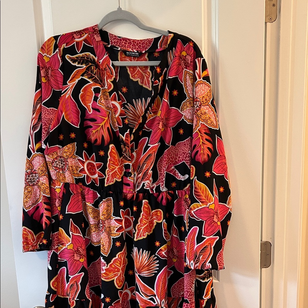 BloomChic Vibrant Floral Long Sleeve Dress with Pockets